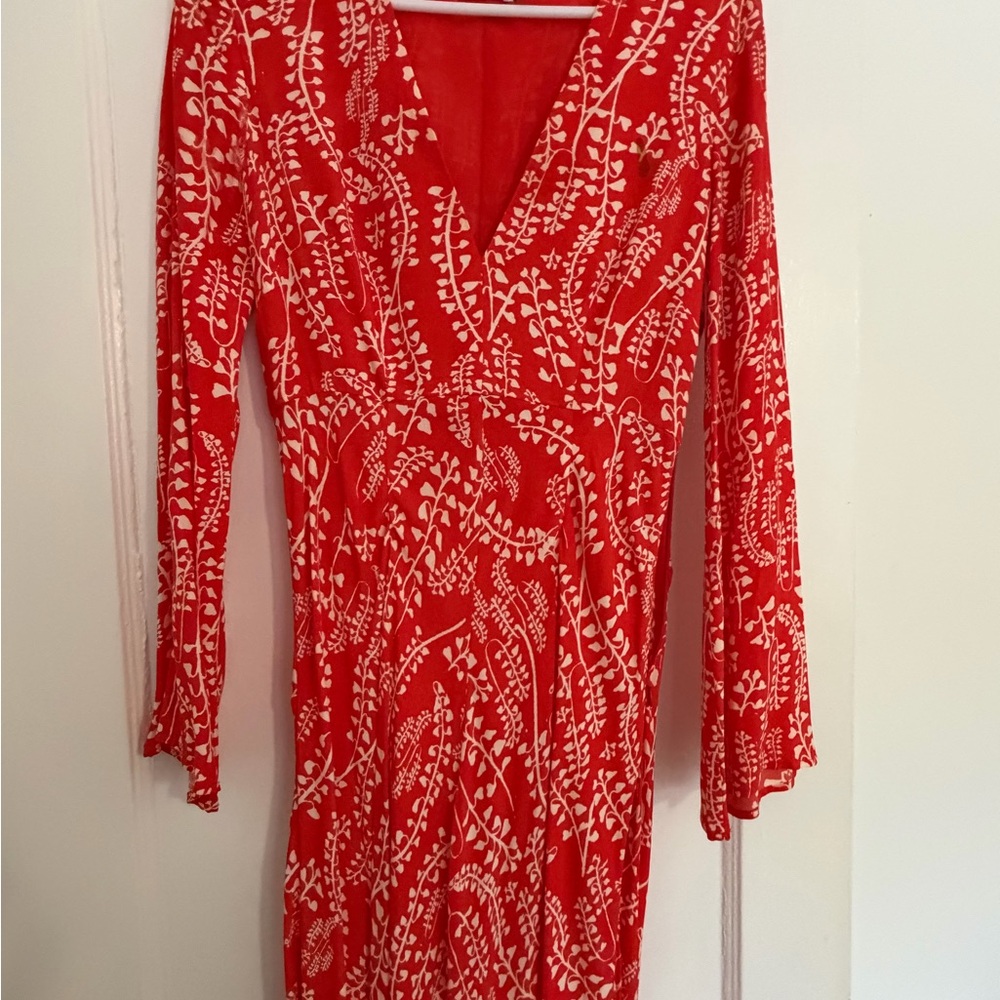 RIXO Red and White Long Sleeve Dress